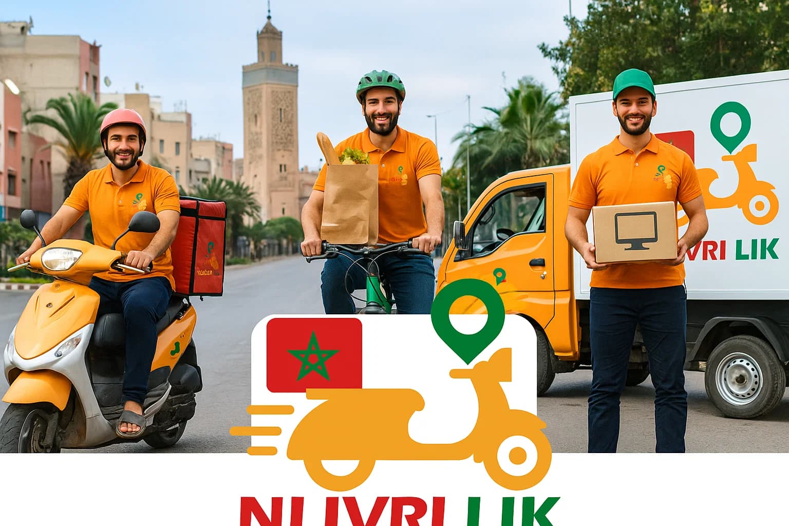 Équipe de livreurs NlivriLik au Maroc — scooter, vélo et camionnette